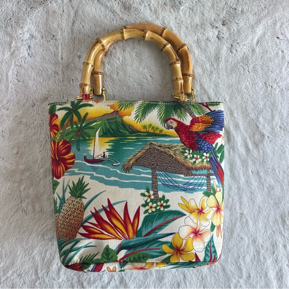 Vintage Tidy Tropical Print Tote Bag with Bamboo Handles Made In The USA - Picture 2 of 16